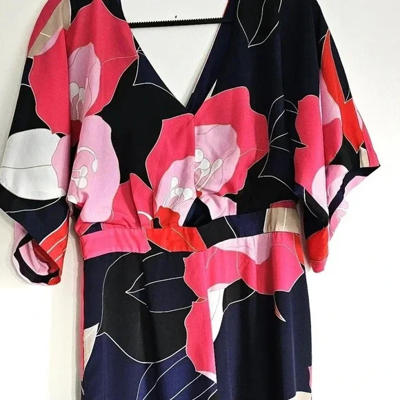 Trina Turk Women's Blue/Pink Flounce-Hem Floral V-Neck Jumpsuit 10 - Picture 4 of 8